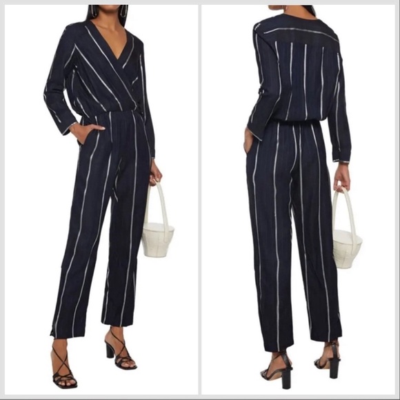 Maje Pants - Maje Pandora Navy Blue Woven Stripe Twill Jacquard Jumpsuit Panti Marine Sz 38 M